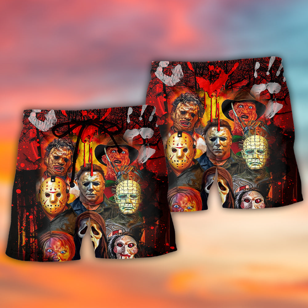 Horror graphic shorts in red and black, two pairs shown, masked faces and splatter