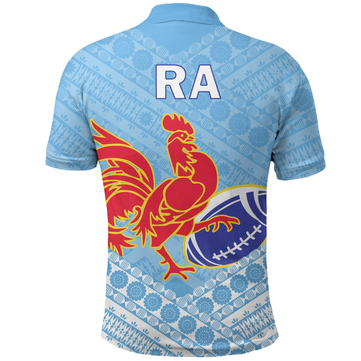 Light blue rugby polo back with RA text and tapa pattern, rooster over rugby ball