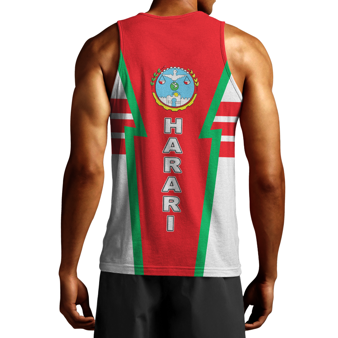 Men's red tank top with Harari back graphic and vertical HARARI text