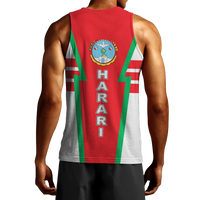 Men's red tank top with Harari back graphic and vertical HARARI text