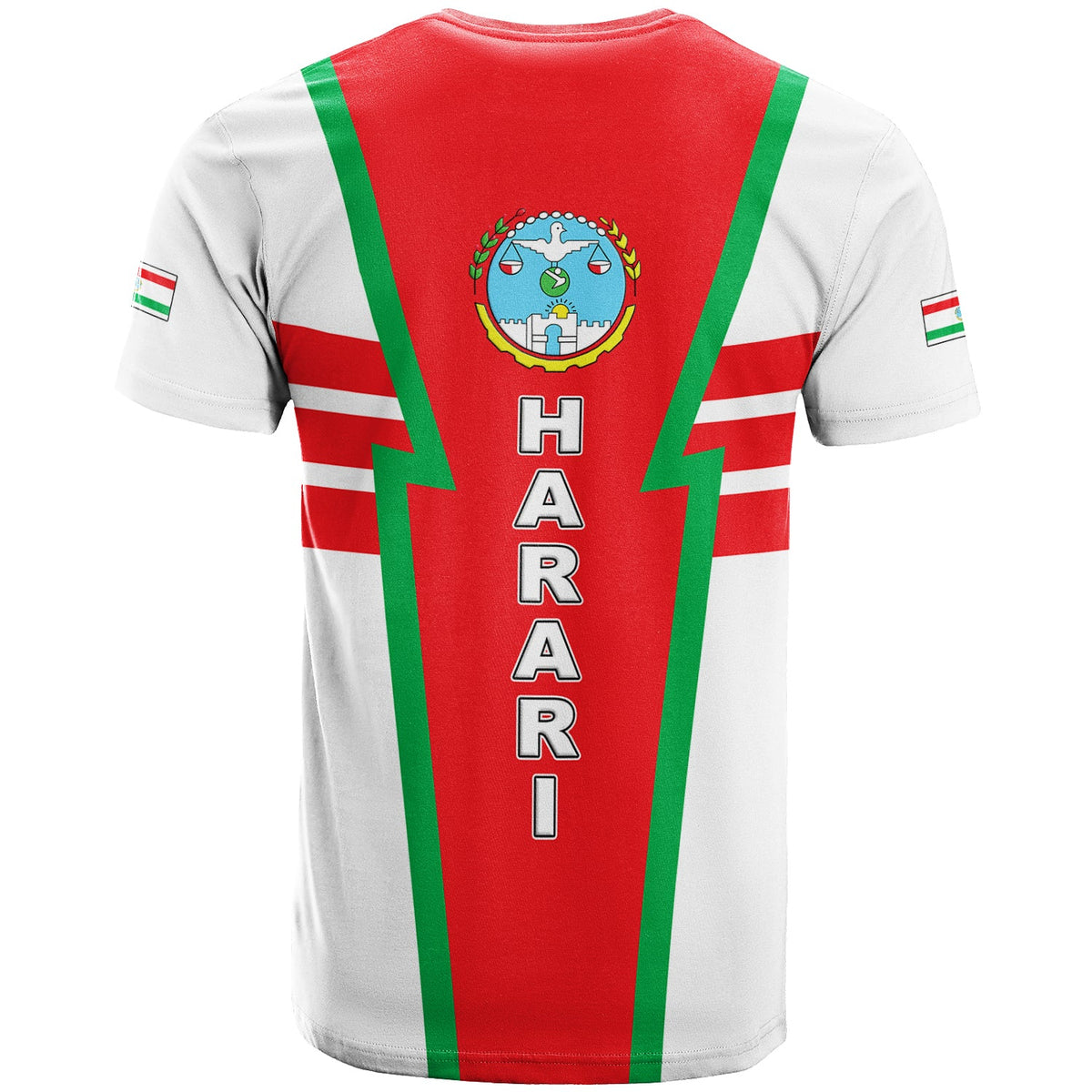 Back of red Ethiopia Harari T-shirt with green lightning stripes and HARARI I print