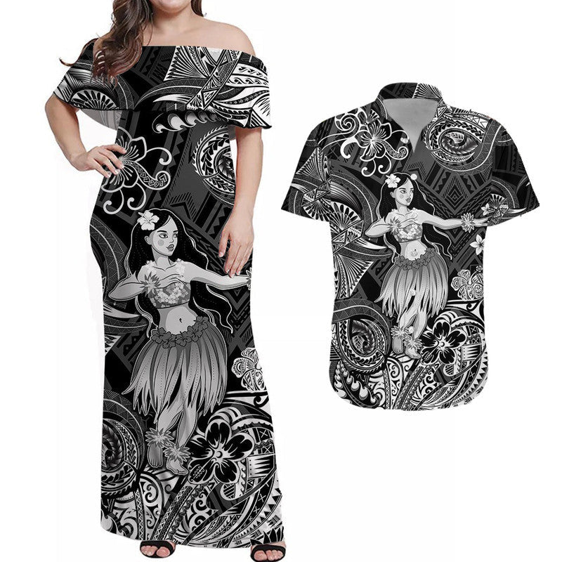 Polynesian Matching Hawaiian Outfits For Couples Hawaii Hula Matching Hawaiian Shirt And Dress Unique Style - Black LT8 - Wonder Print Shop