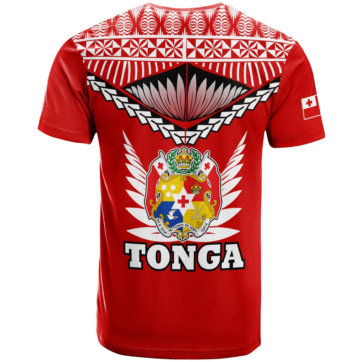 Red TONGA pride T-shirt back with crest emblem, patterned band and TONGA text