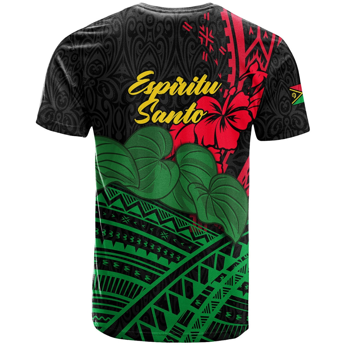 Back of black T-shirt with Espiritu Santo text, hibiscus and kava leaf graphic