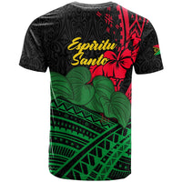 Back of black T-shirt with Espiritu Santo text, hibiscus and kava leaf graphic