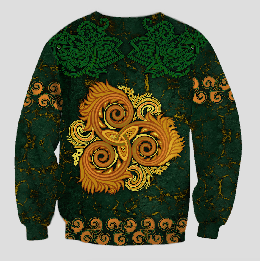 Green crewneck sweatshirt with golden triple-spiral emblem and green knotwork shoulders