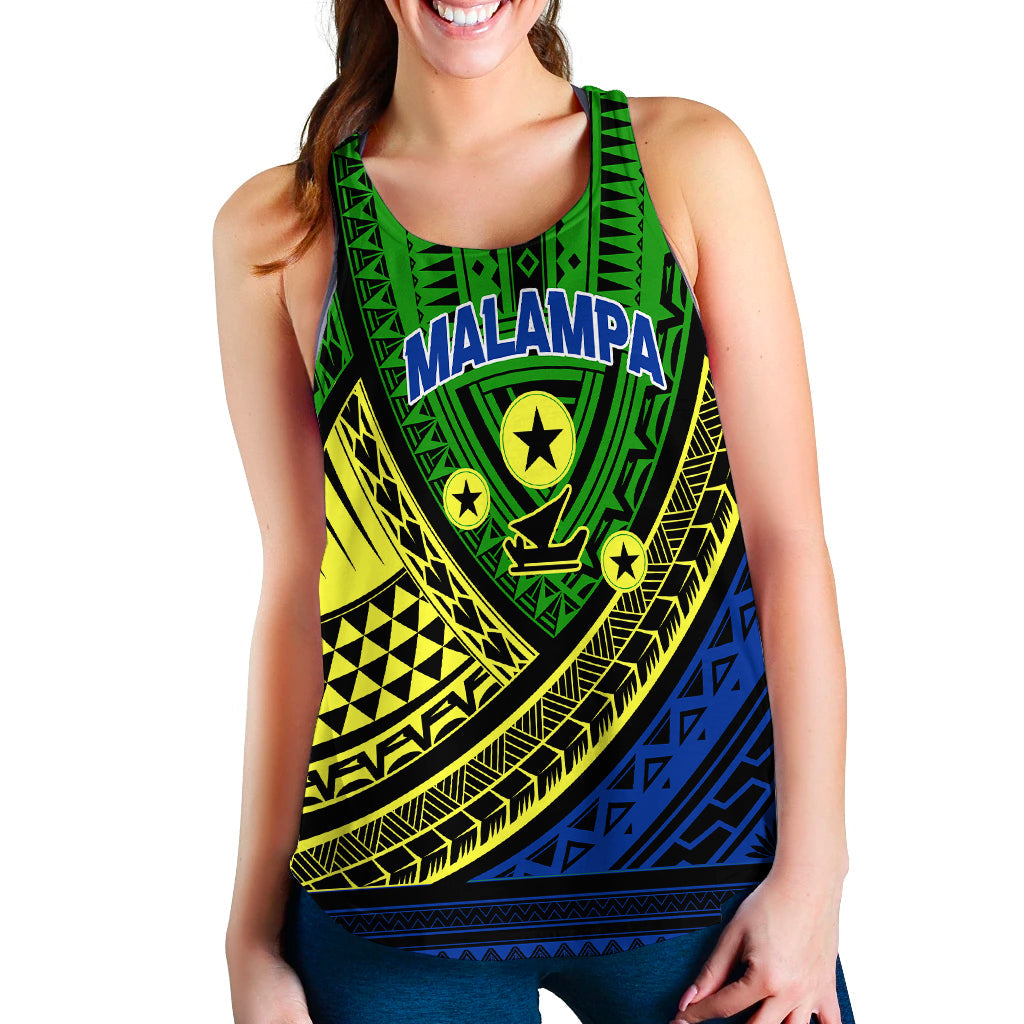 Green racerback tank with blue and yellow tribal graphic front.