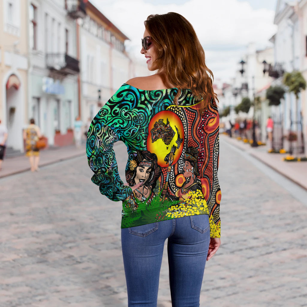 Australia Aboriginal Kangaroo Combine New Zealand Maori Kiwi Bird Women Off Shoulder Sweater LT2 - Wonder Print Shop