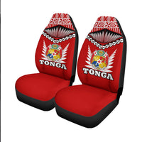 Pair of red Tonga car seat covers with crest logo, fan design, and black bolsters