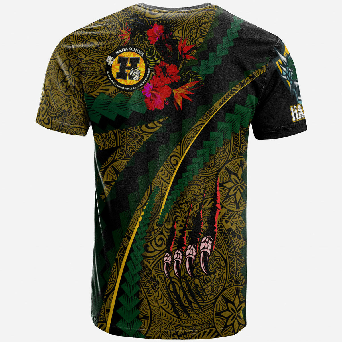 Hawaii Hana High and Elementary School Custom Polynesian T Shirt Hana Dragons With Tropical Flowers Tribal Pattern Scratch Style LT10 - Wonder Print Shop