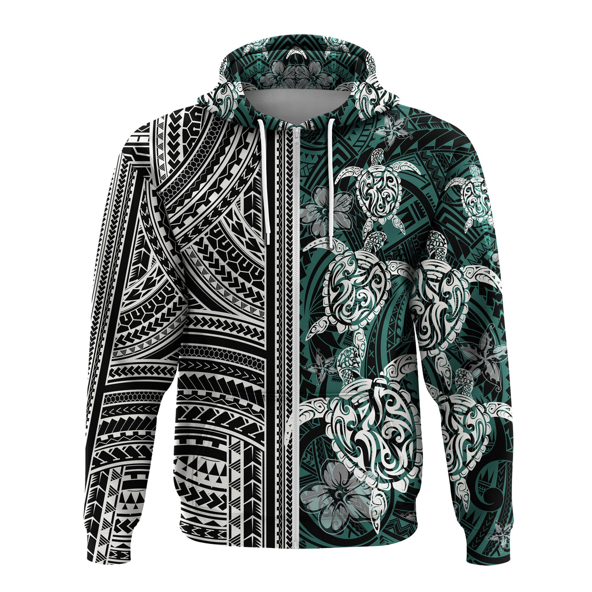 Polynesian Zip Up Hoodie Turtle With Ethnic Motives and Floral Elements LT20 - Wonder Print Shop