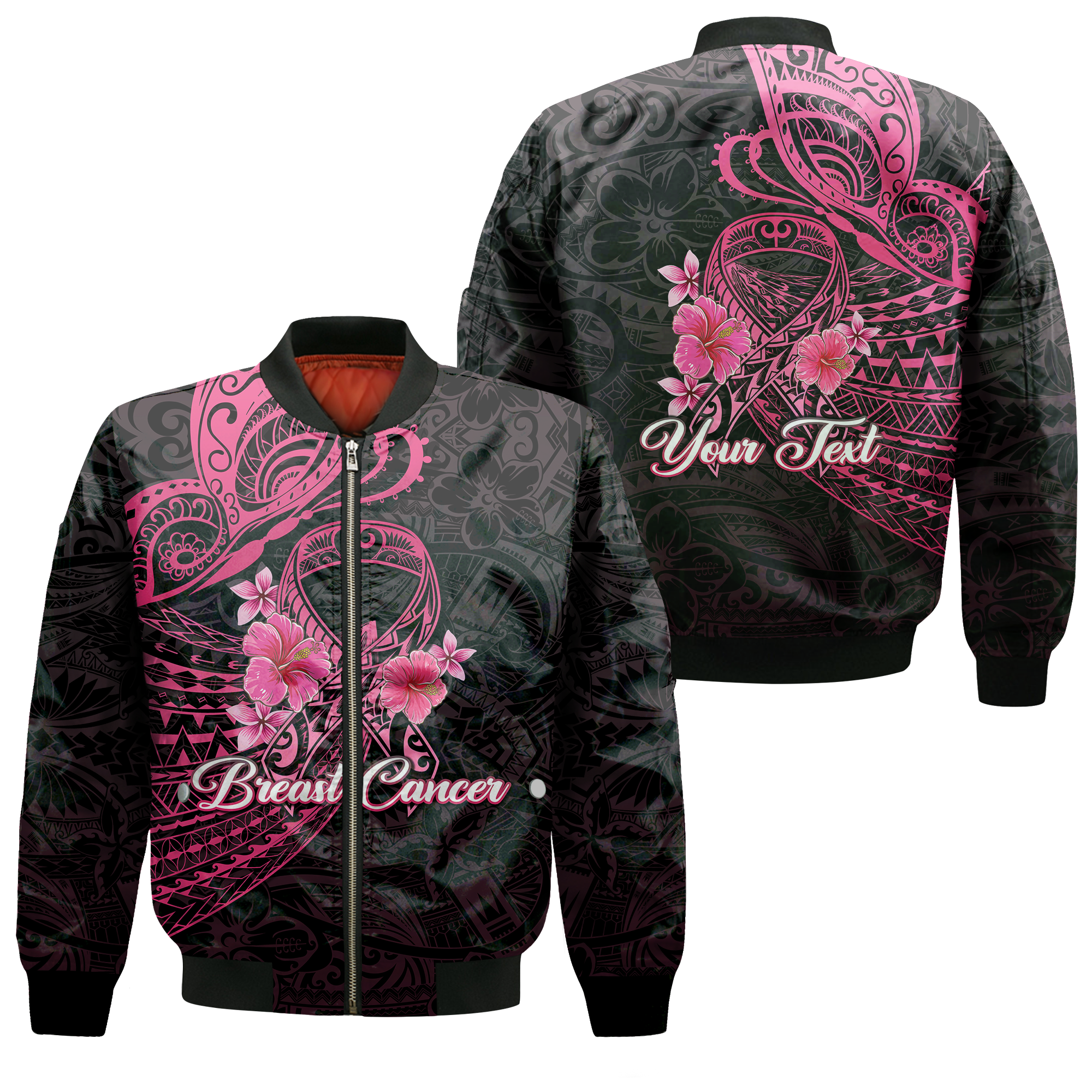 Custom Personalised Breast Cancer Pink Ribbon Butterfly Polynesian Black Version Bomber Jacket LT12 - Wonder Print Shop
