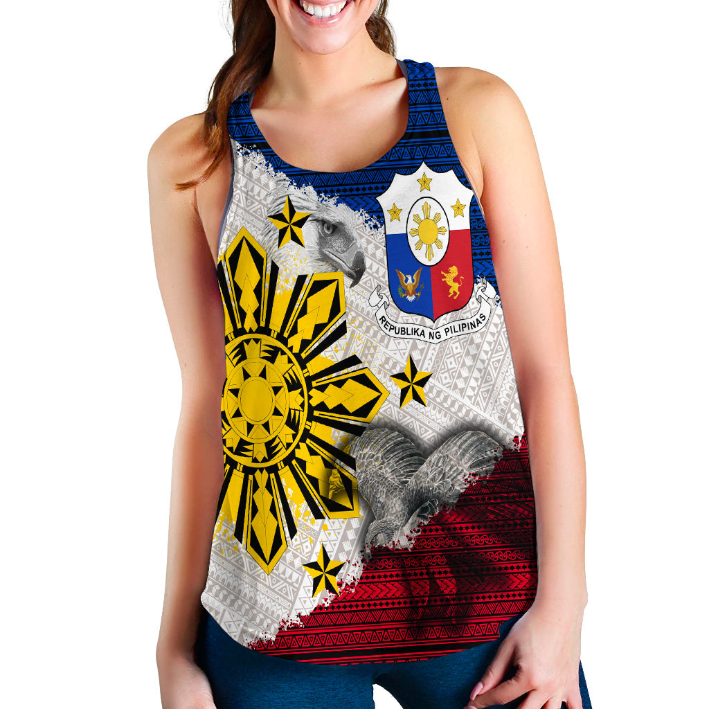 Women’s tank top with front eagle and sun emblem graphic, blue trim
