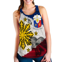 Women’s tank top with front eagle and sun emblem graphic, blue trim