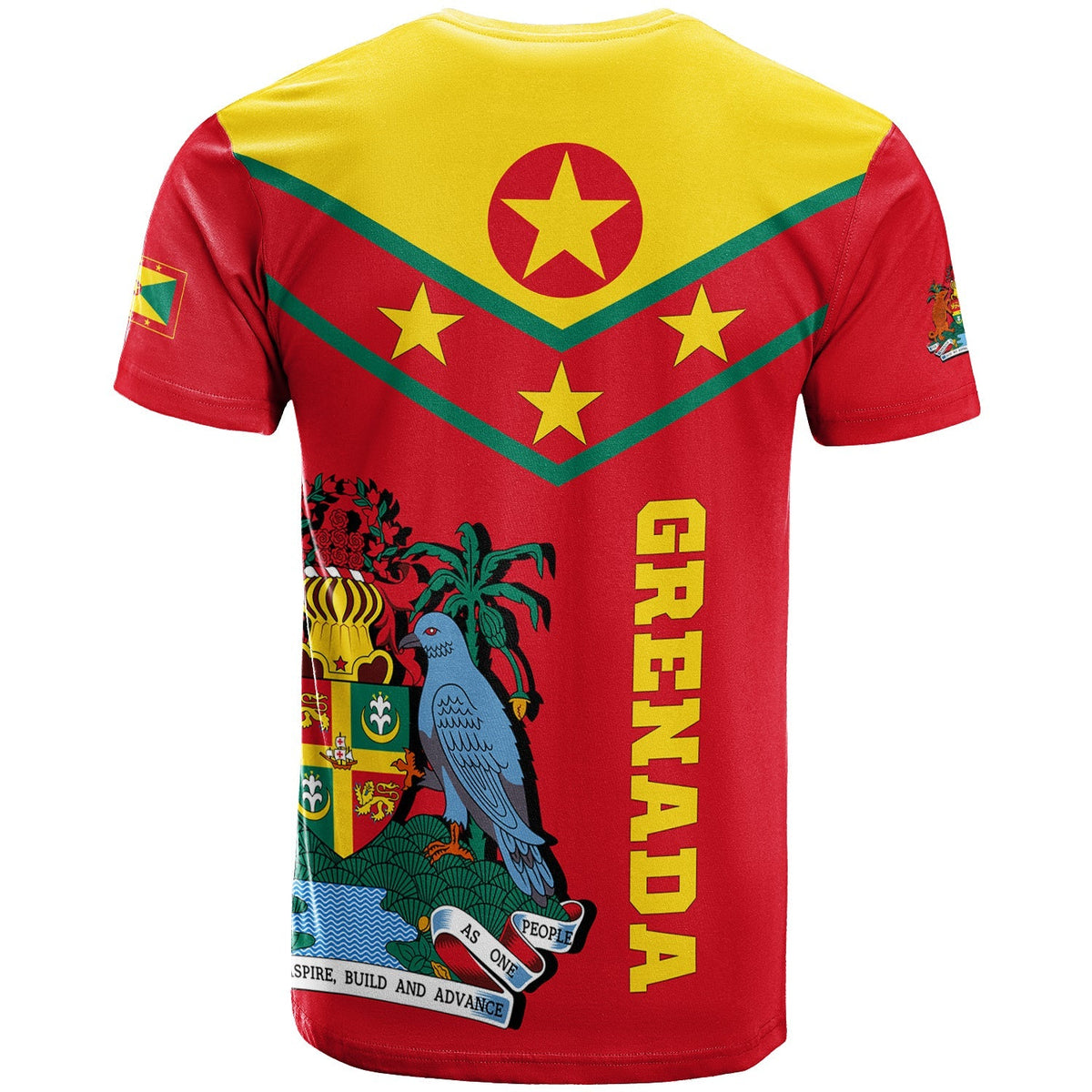 Kids Grenada T-shirt back: yellow upper, red lower, green V stripes, coat crest, GRENADA