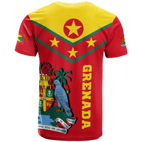 Kids Grenada T-shirt back: yellow upper, red lower, green V stripes, coat crest, GRENADA