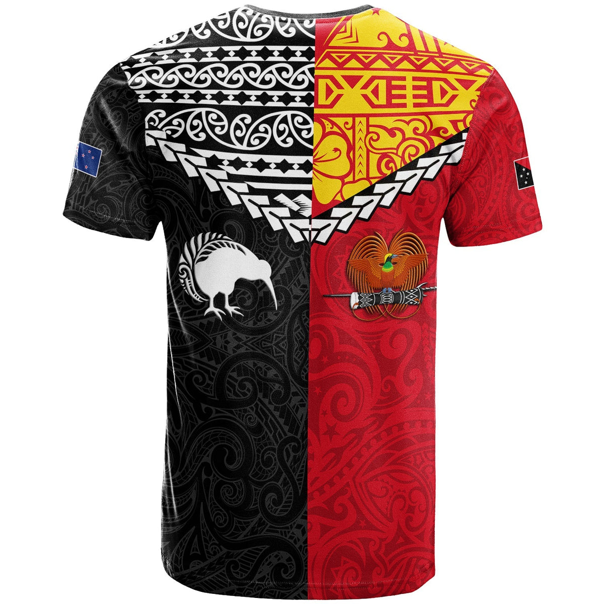 Black and red heritage T-shirt with Maori patterns, skull and bird eagle emblem