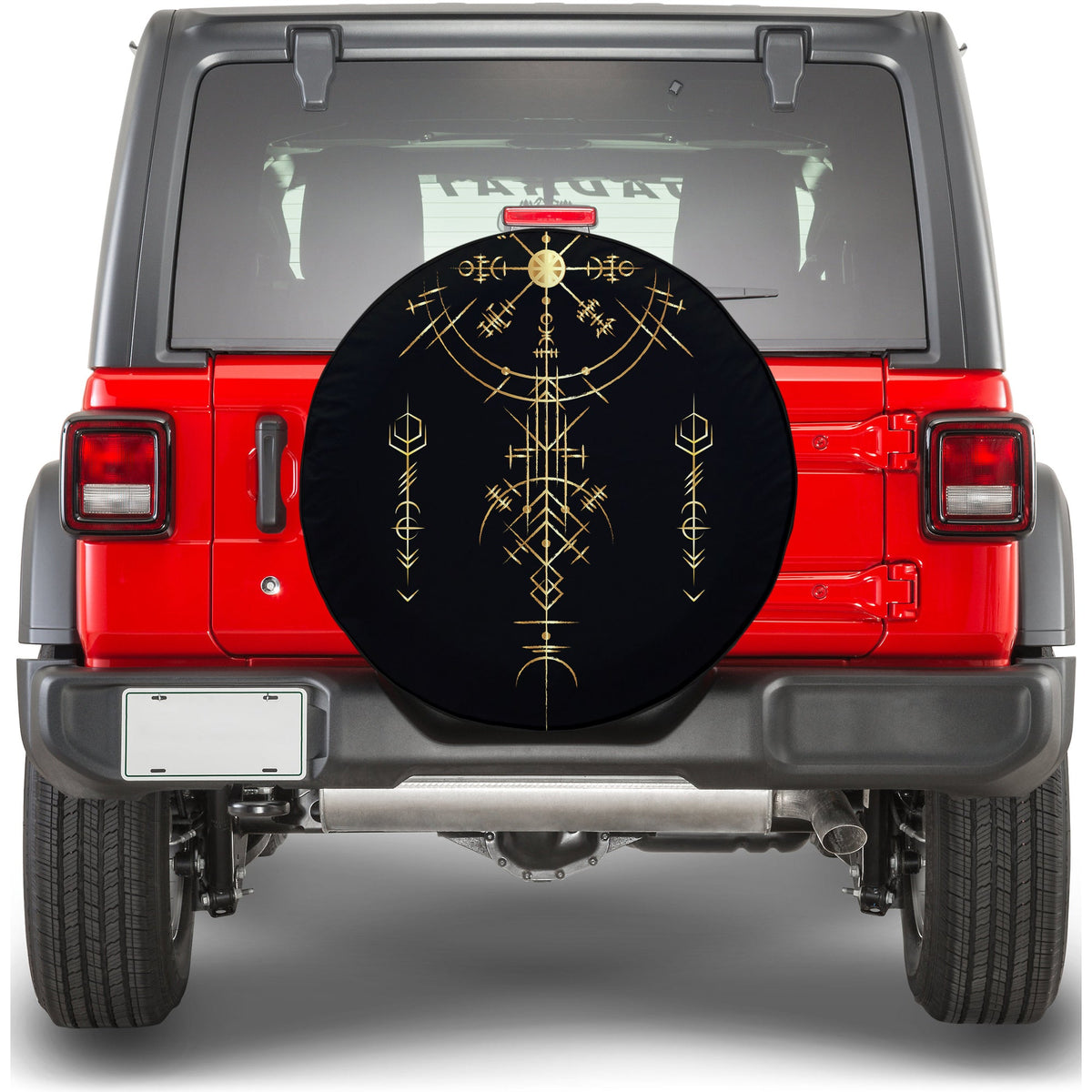 Spare tire cover featuring black background and gold Viking rune compass design