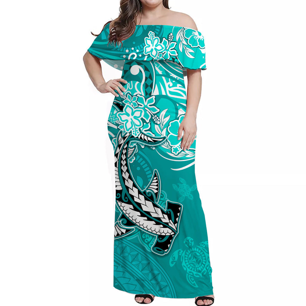 custom-personalised-hawaii-off-shoulder-long-dress-polynesia-turquoise-sea-turtle-honu-and-hammerhead-shark