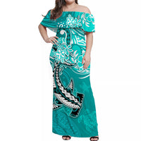 custom-personalised-hawaii-off-shoulder-long-dress-polynesia-turquoise-sea-turtle-honu-and-hammerhead-shark
