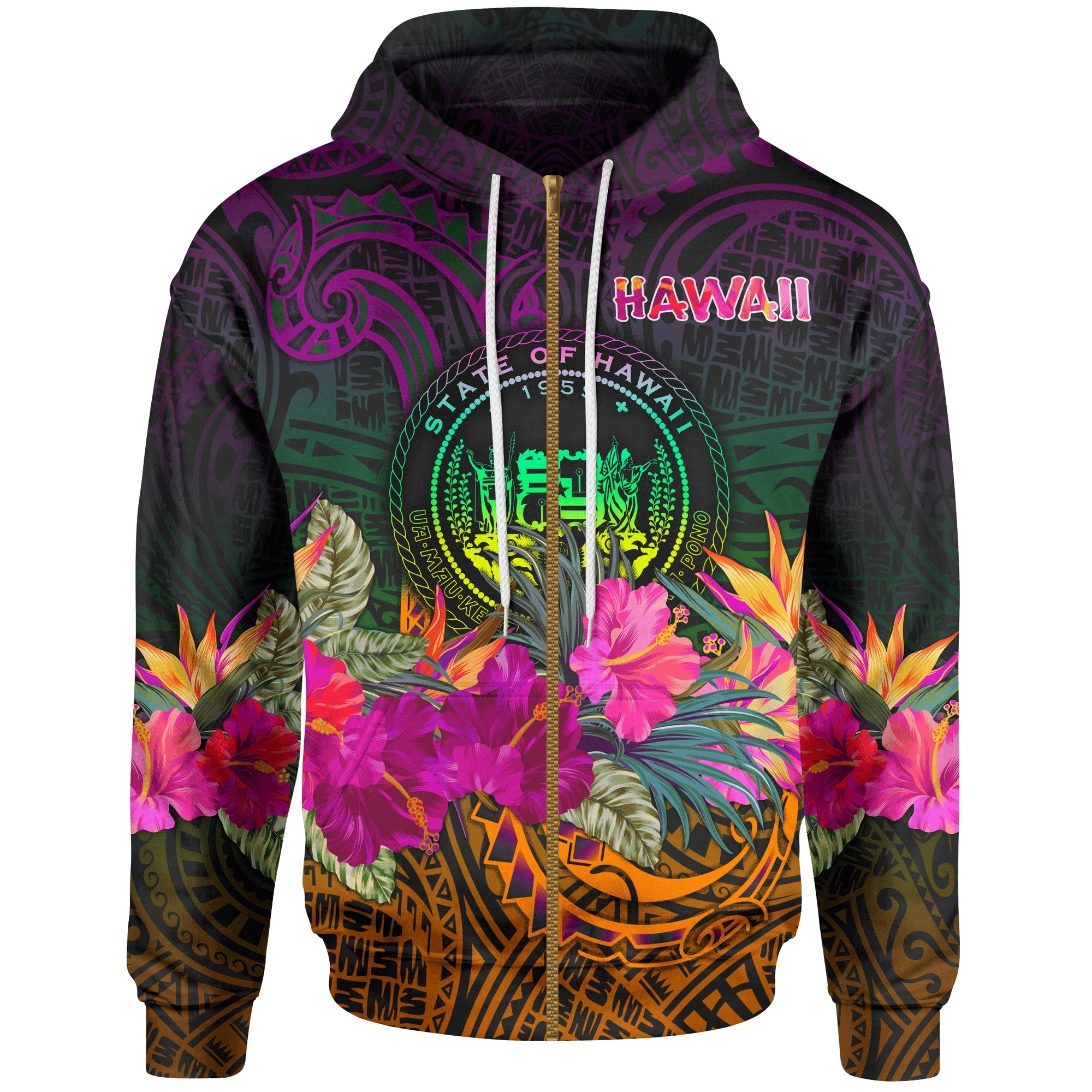 Polynesian Hawaii Zip Up Hoodie Summer Hibiscus - Wonder Print Shop