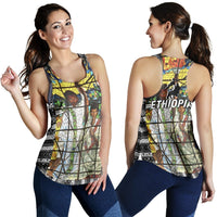 Women’s racerback tank side view, multicolor Ethiopian graphic print with “ETHIOPIA”