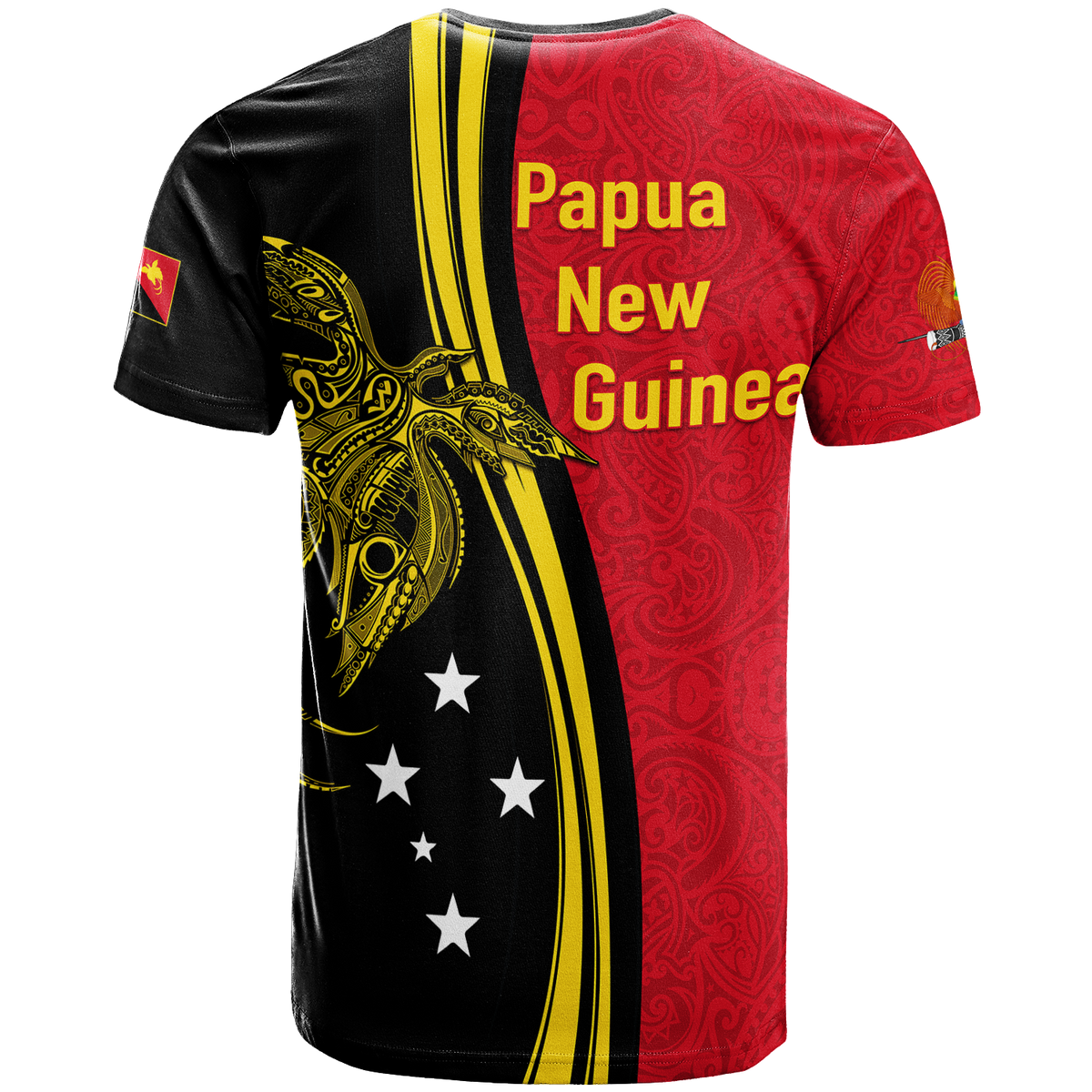 Black and red t-shirt back with Papua New Guinea text, stars, tribal mask