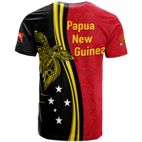 Black and red t-shirt back with Papua New Guinea text, stars, tribal mask