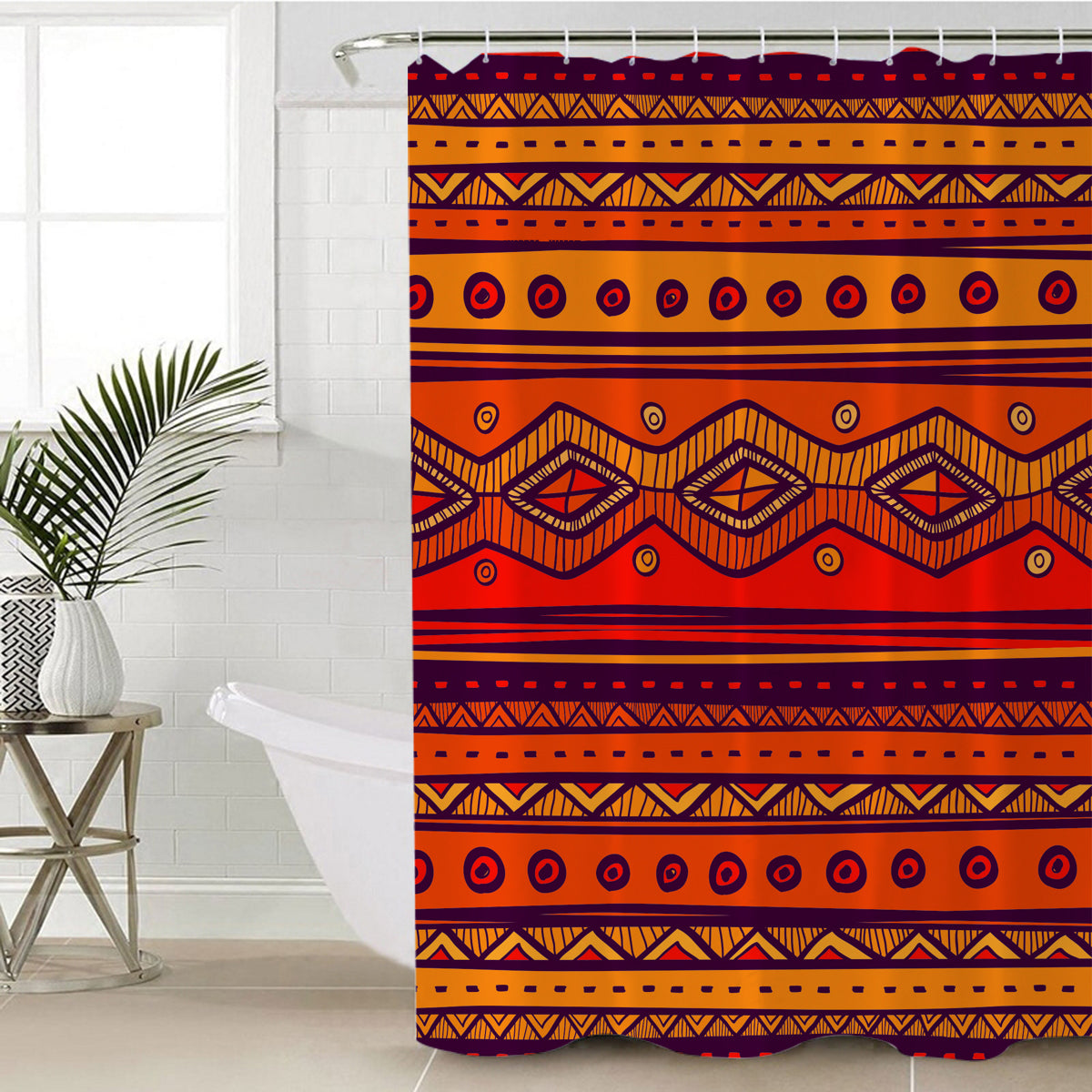 Orange shower curtain with bold geometric tribal pattern and ring hooks