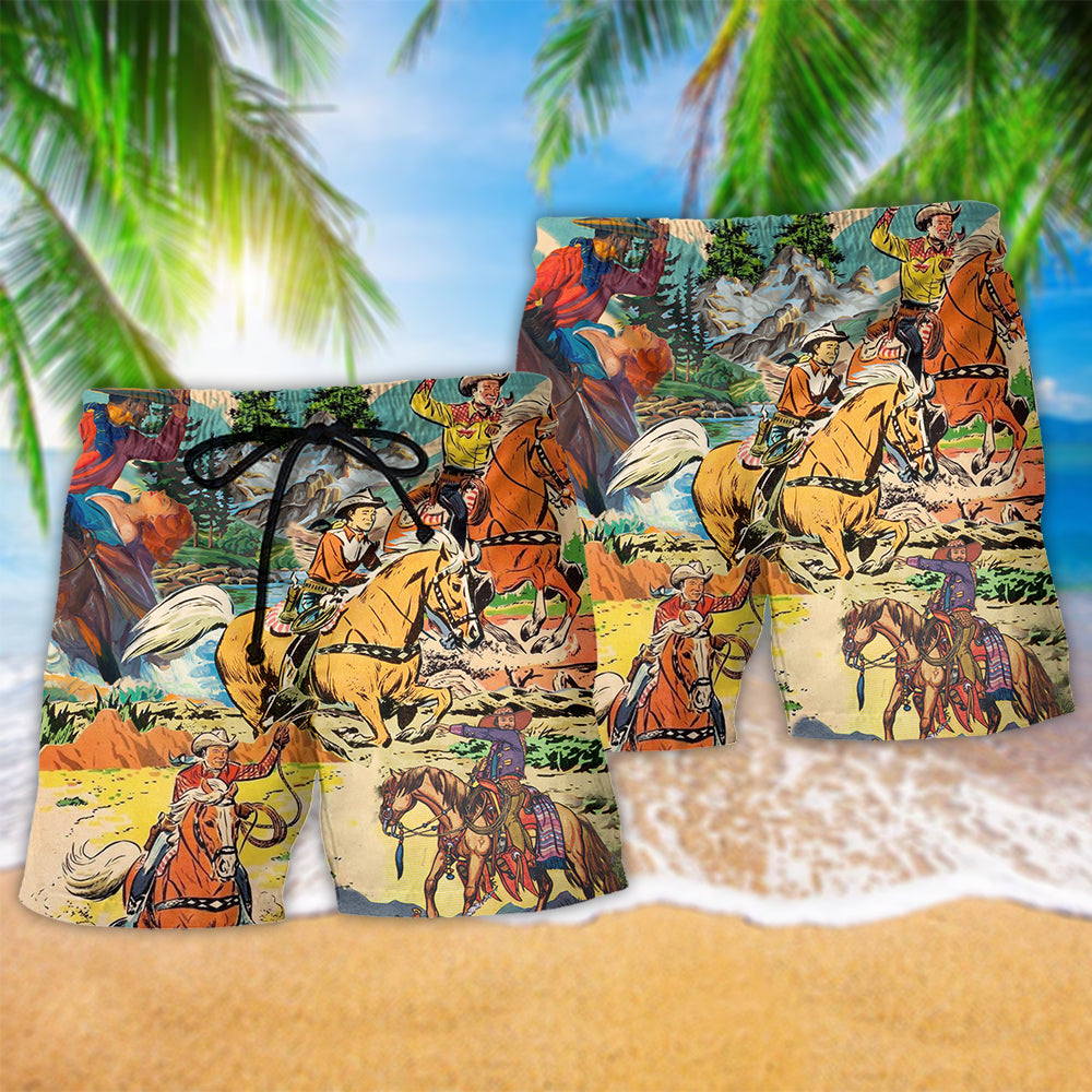 Men's cowboy horse printed Hawaiian shorts, black drawstring and side pockets