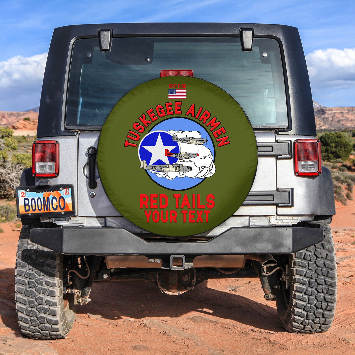 (Custom Personalised) Tuskegee Airmen Spare Tire Cover US Military Army Green Red Tails Ver.01 LT13 - Wonder Print Shop