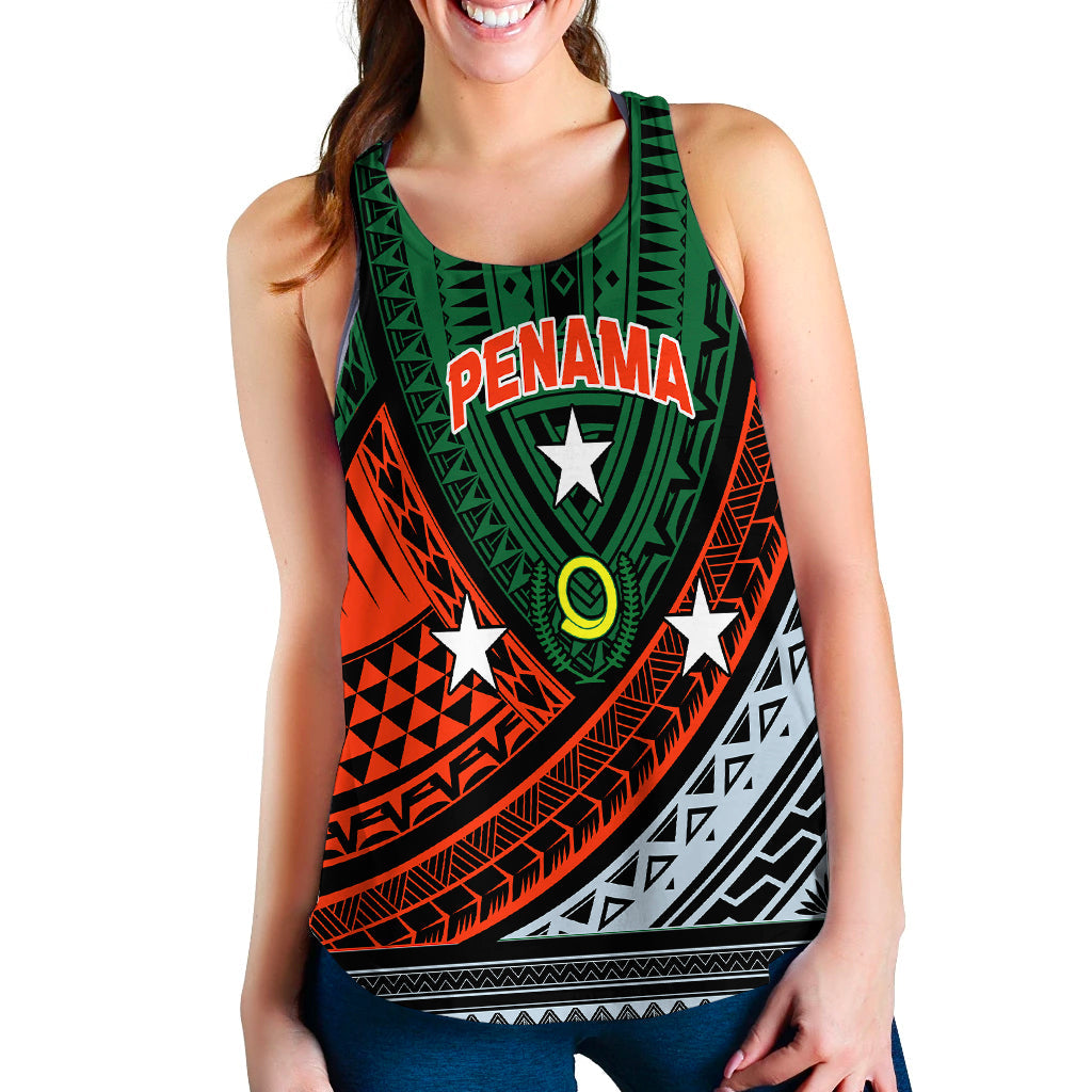 Green women’s tank top close-up with PENAMA tribal graphic and star, scoop neck