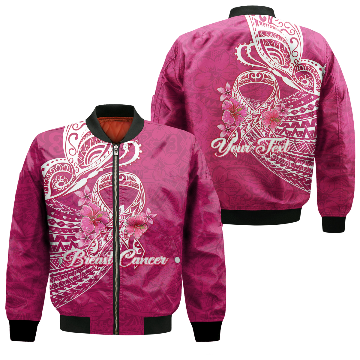 Custom Personalised Breast Cancer Pink Ribbon Butterfly Polynesian Pink Version Bomber Jacket - LT12 - Wonder Print Shop