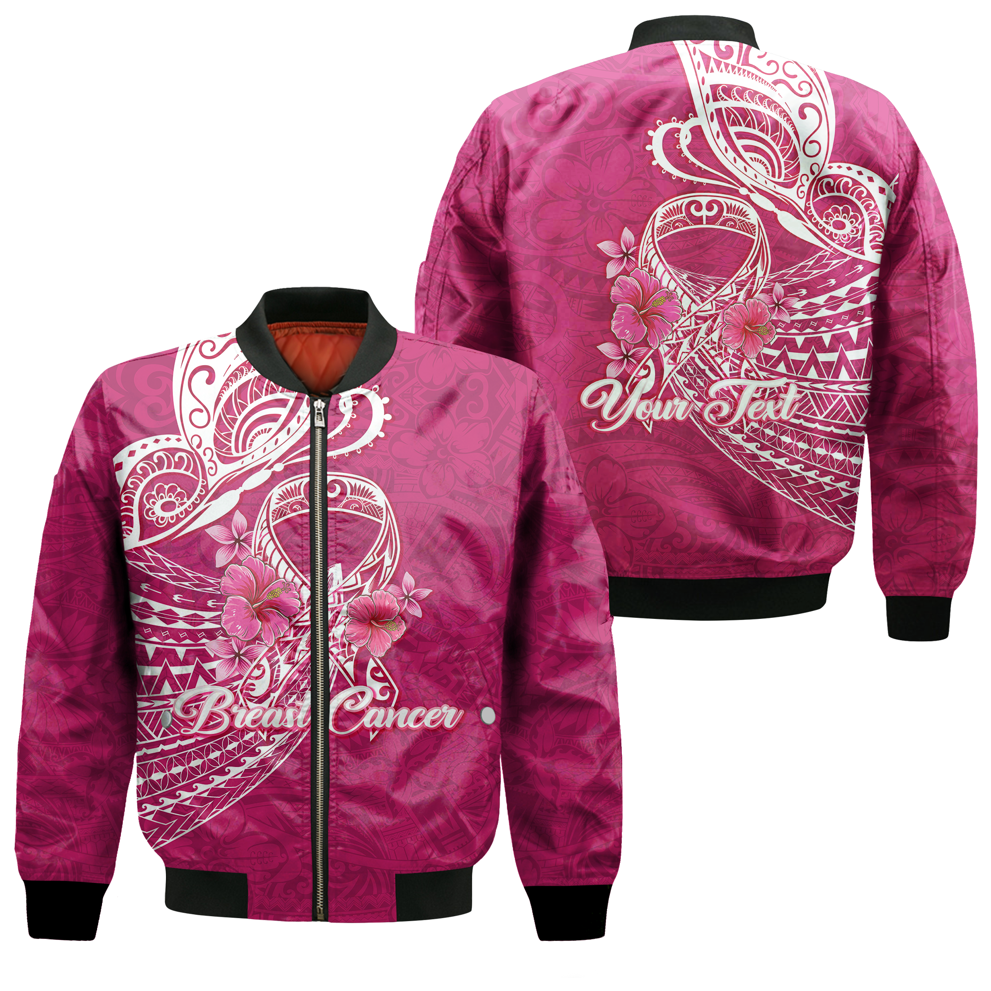 Custom Personalised Breast Cancer Pink Ribbon Butterfly Polynesian Pink Version Bomber Jacket - LT12 - Wonder Print Shop
