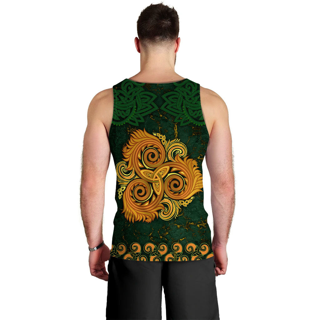 Green men’s tank top with triple-spiral Celtic ornament on the back