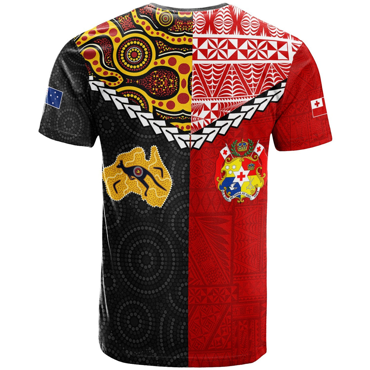 Red and black Tonga/Australia T-shirt with kangaroo graphic, shield crest and Aboriginal patterns