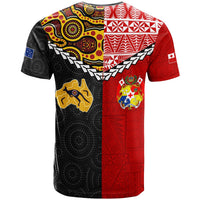Red and black Tonga/Australia T-shirt with kangaroo graphic, shield crest and Aboriginal patterns