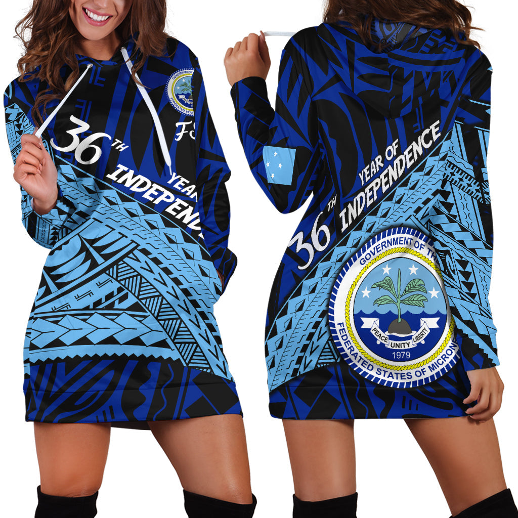 Blue hoodie dress with long sleeves, drawstring hood, large back emblem print