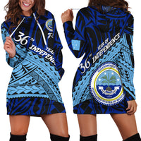 Blue hoodie dress with long sleeves, drawstring hood, large back emblem print