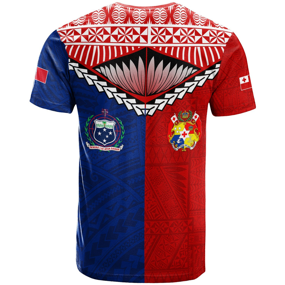 Red/blue back T-shirt with shield emblems, tribal wings and patterns
