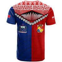 Red/blue back T-shirt with shield emblems, tribal wings and patterns