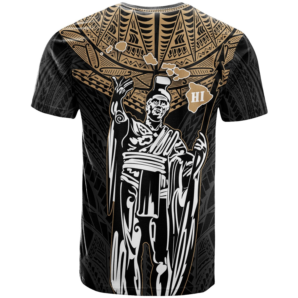 Black T-shirt with gold tribal print, Kamehameha portrait and “HI” emblem