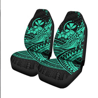 Hibiscus-and-humpback whale seat covers, turquoise tribal patterns on black, pair set