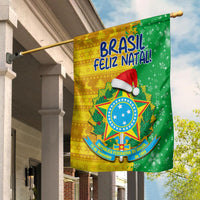 Brazil Feliz Natal! garden flag with Santa hat and national crest, green and yellow.