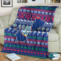Blue Guam Christmas throw blanket with palm trees, Guam map outline, and festive stripes