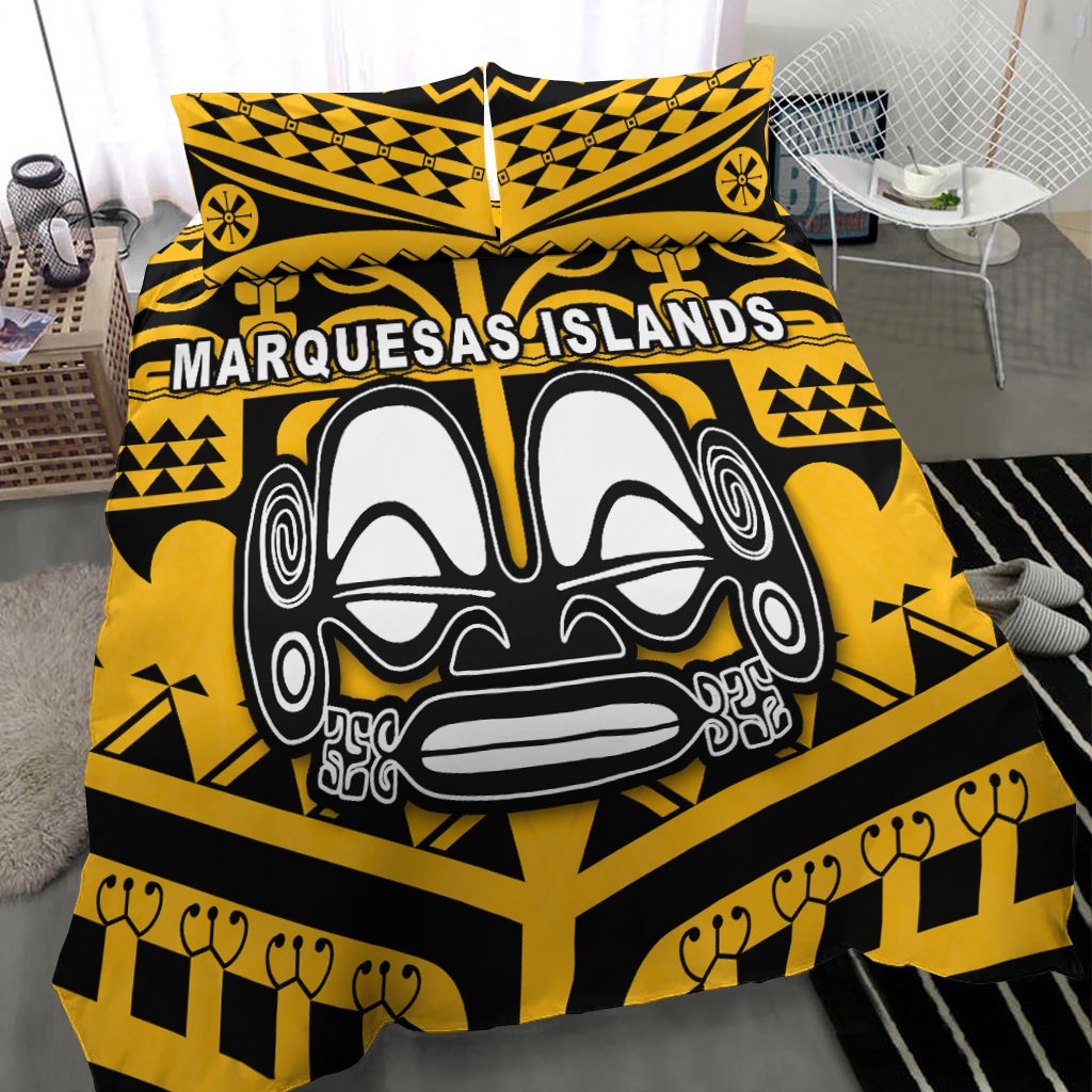 Yellow and black duvet with large tiki face graphic and tribal patterns, with matching pillows