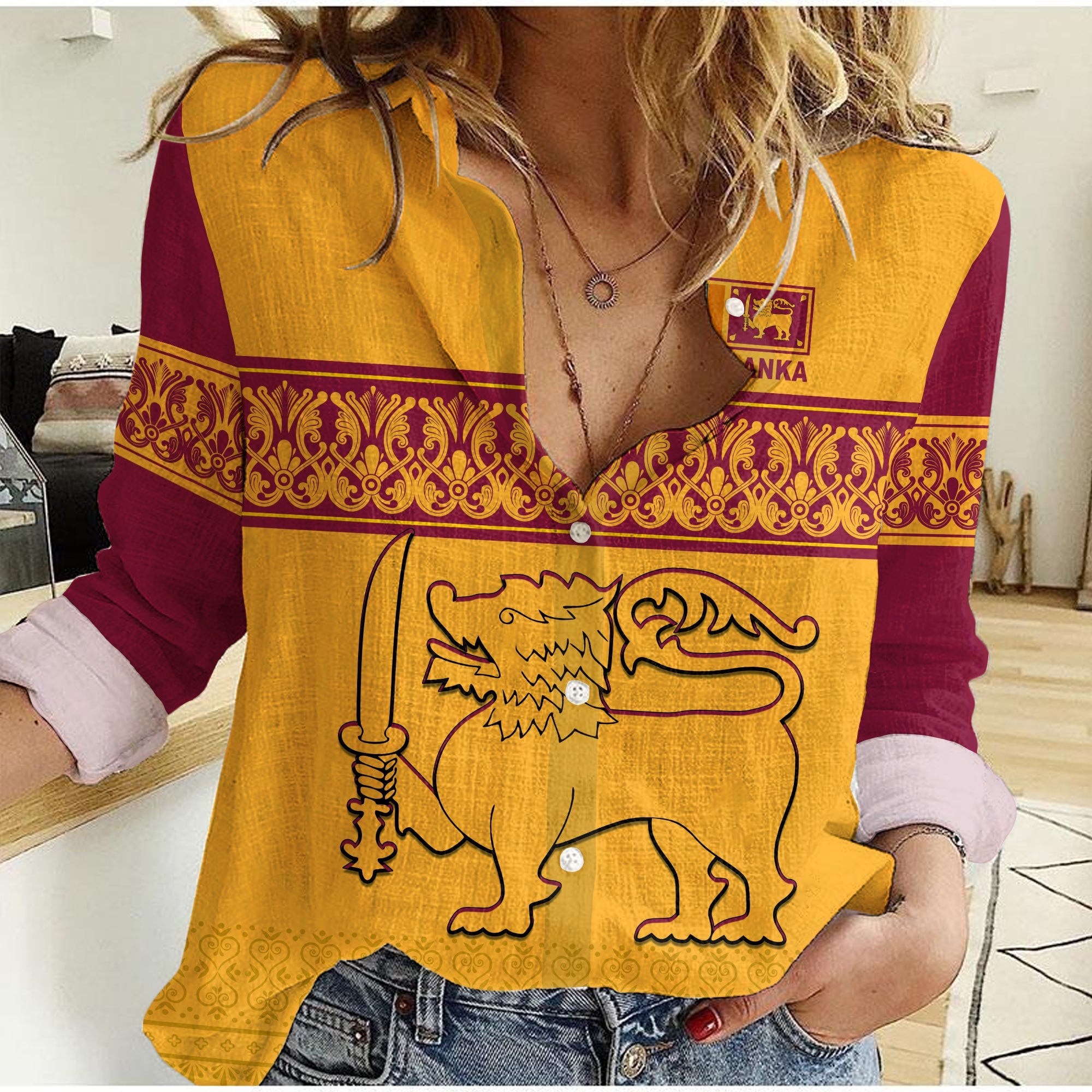 (Custom Text and Number) Sri Lanka Women Casual Shirt Traditional Pattern and Lion Flag LT13 - Wonder Print Shop