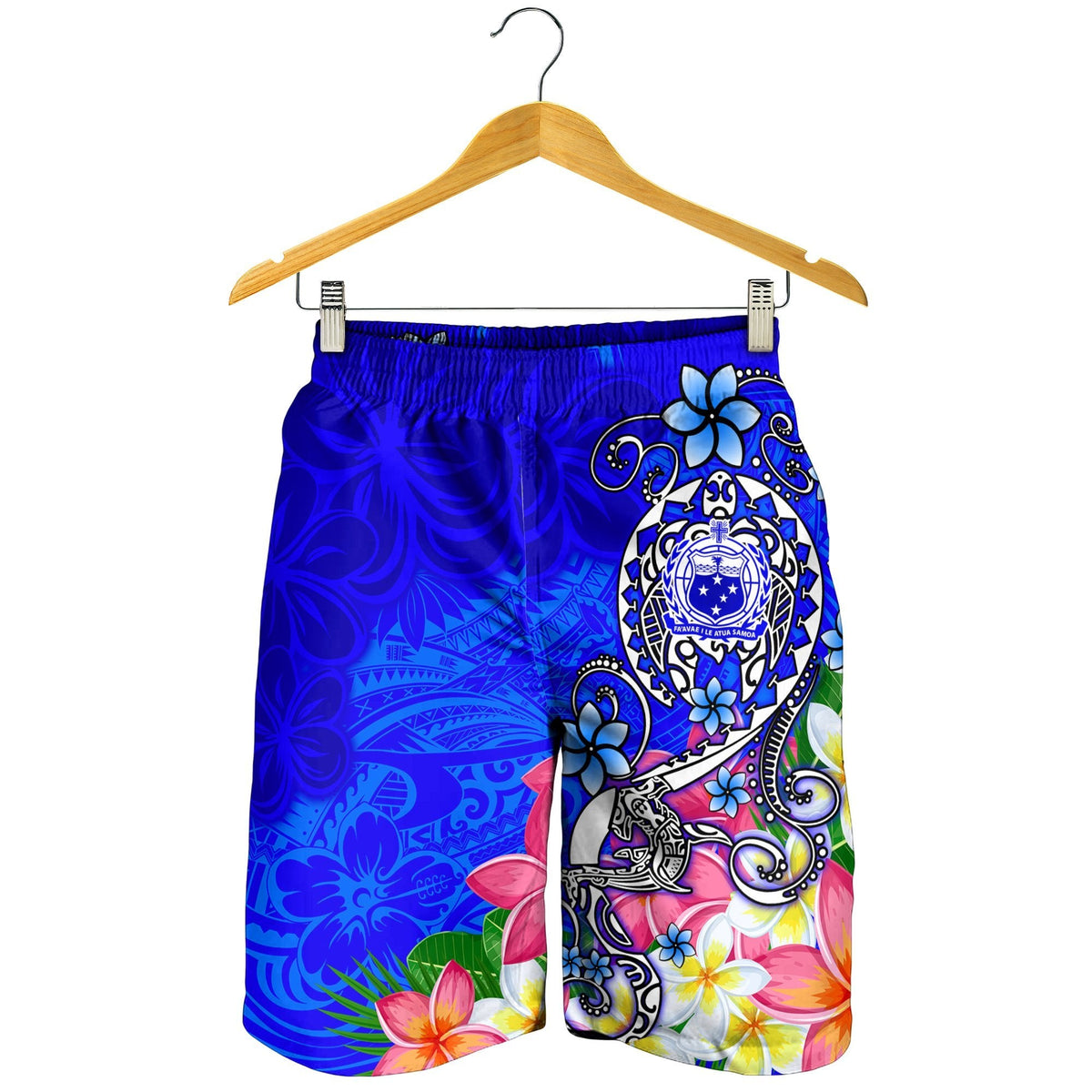 Men's blue swim shorts on hanger, turtle and plumeria floral graphic, elastic waist
