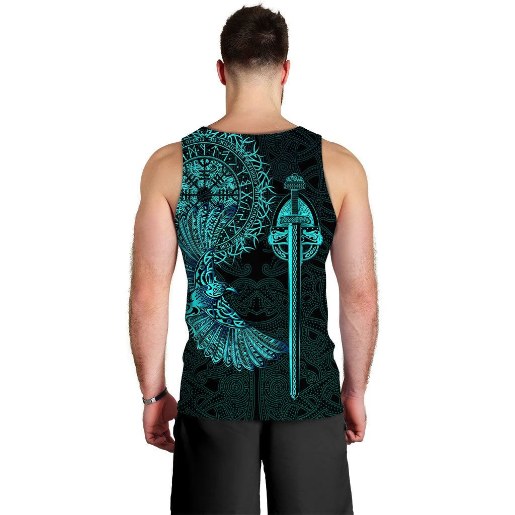 Men’s black sleeveless tank top with turquoise Viking raven and sword graphic on back