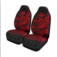 Front seat cover pair with red hibiscus and humpback tribal graphics on black
